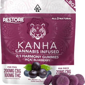 Introducing Kanha 2:1 CBG Harmony Restore Gummies – a potent blend of 200mg CBG and 100mg THC per bag.