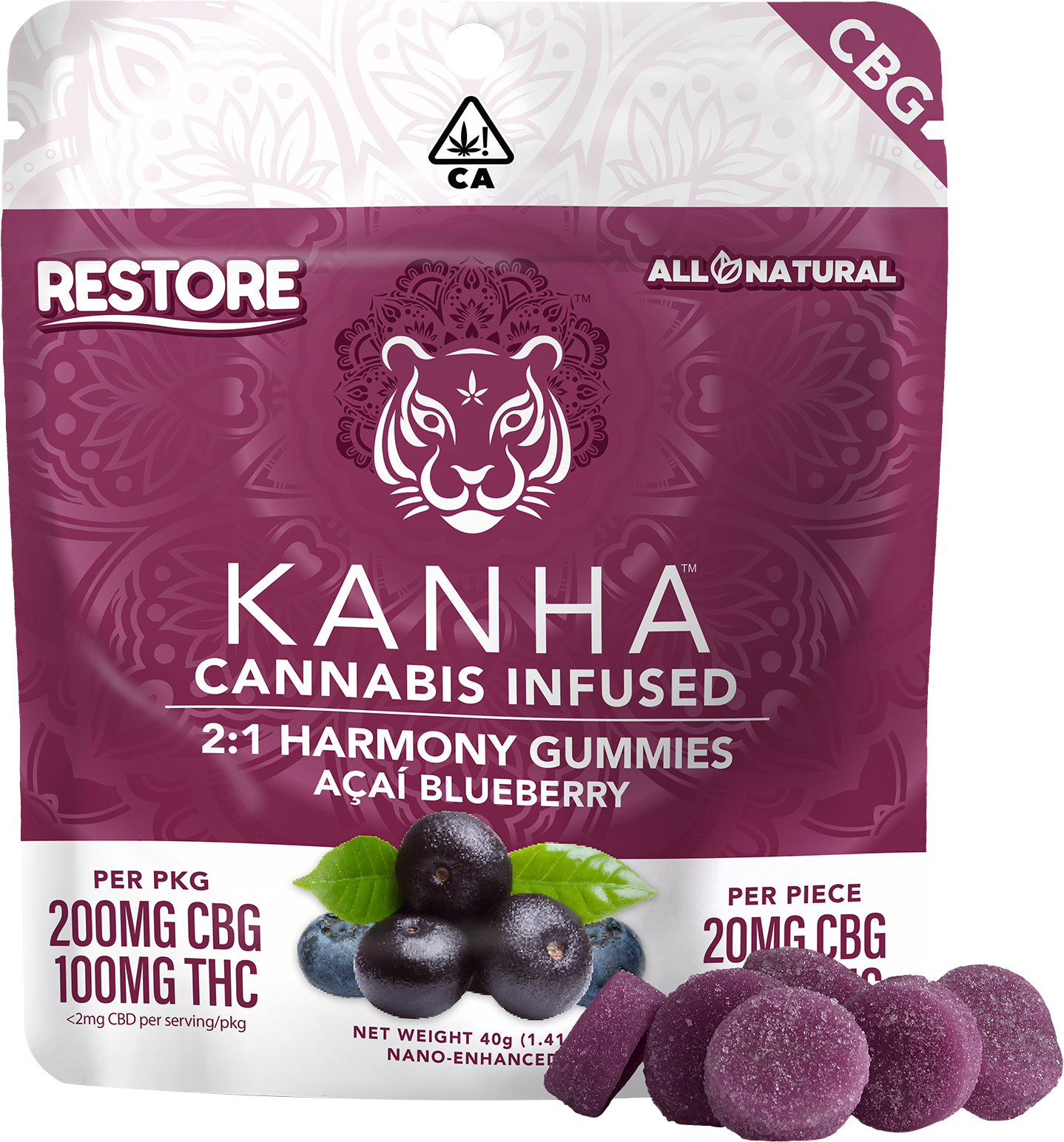 Introducing Kanha 2:1 CBG Harmony Restore Gummies – a potent blend of 200mg CBG and 100mg THC per bag.