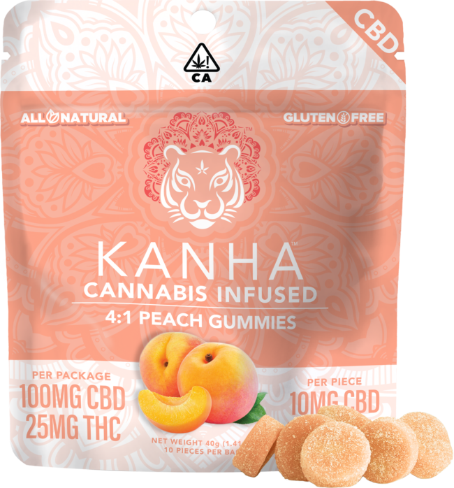 4:1 Kanha CBD Peach Gummies 100mg CBD x 25mg THC per Bag