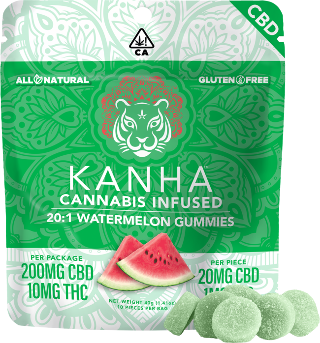 Kanha 20:1 CBD Watermelon Gummies 200mg CBD x 10mg THC per bag